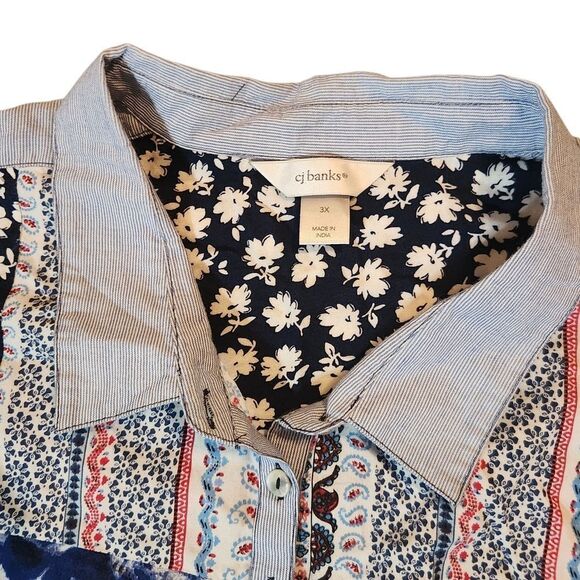 CJ Banks Summer Top Plus Size 3X Blue Floral Patchwork Short Sleeve Shirt - Picture 7 of 8